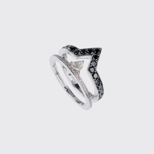 White gold band ring with white and black diamonds