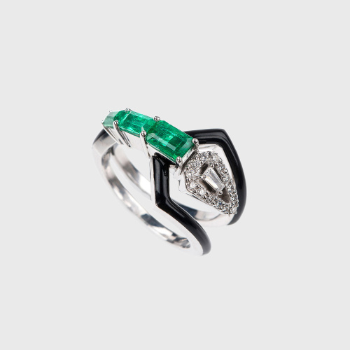 White gold ring with white diamonds, emeralds and black enamel