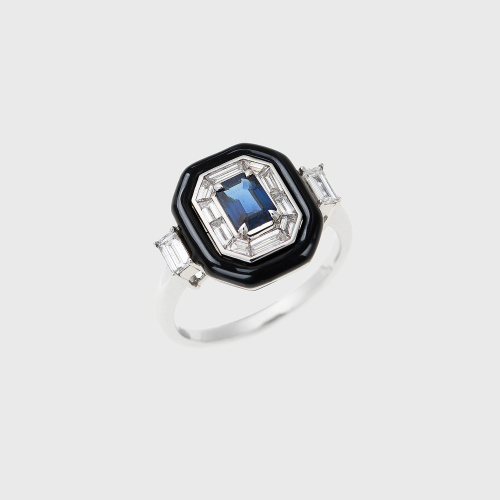 White gold ring with blue sapphires, white diamond baguettes and black enamel
