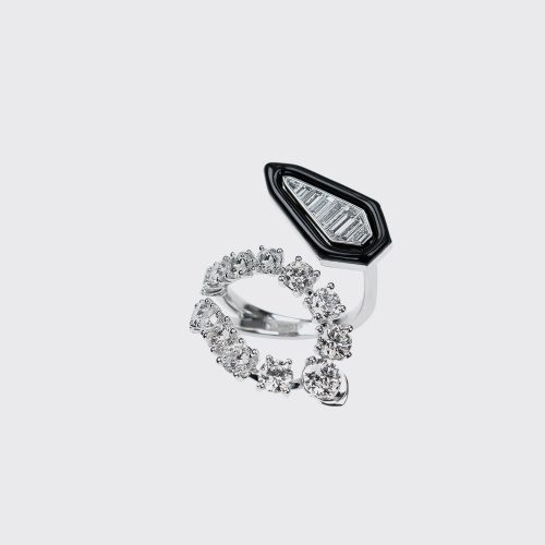 White gold ring with white diamonds and black enamel