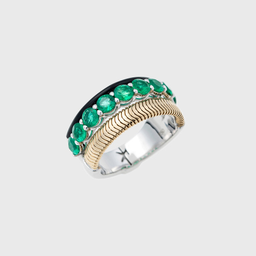 Yellow gold chain ring with emeralds and black enamel