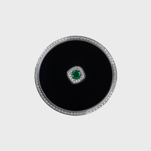 White gold disk earring with white diamonds, emerald and black enamel