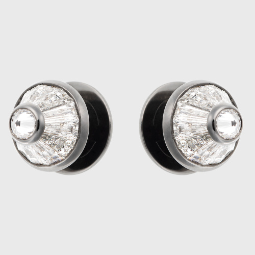 White gold stud earrings with tapered baguette white diamonds and black enamel