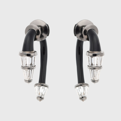 White gold jacket earrings with tapered baguette white diamonds and black enamel