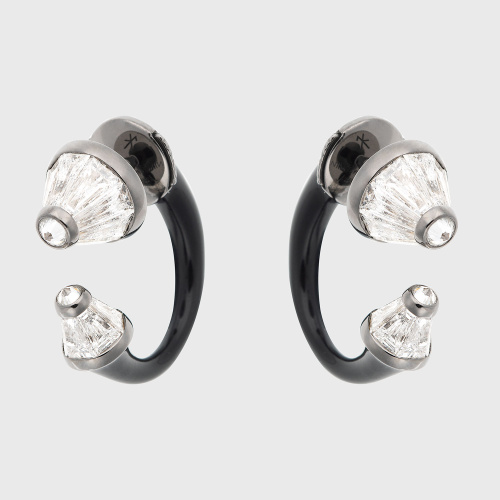 White gold jacket earrings with tapered baguette white diamonds and black enamel