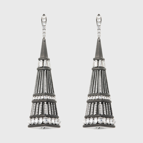Blackened white gold long chandelier earrings with oval, round white diamonds and tapered white diamond baguettes